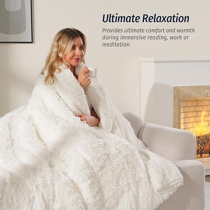 Wemore Shaggy Long Fur Faux Fur Weighted Blanket, Cozy and Fluffy Plush Sherpa Long Hair Blanket for Adult 10lbs, Fluffy Fuzzy Sherpa Reverse Heavy Blanket for Bed, Couch, Cream White, 48 x 72 Inches