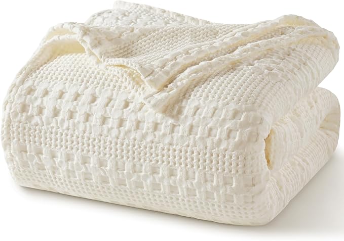 PHF 100% Cotton Waffle Weave Blanket King Size for Bed, Soft Lightweight & Breathable, All-Season Comfort, Luxury Aesthetic Woven Bedding for Home Decor, 108"x90", Ivory