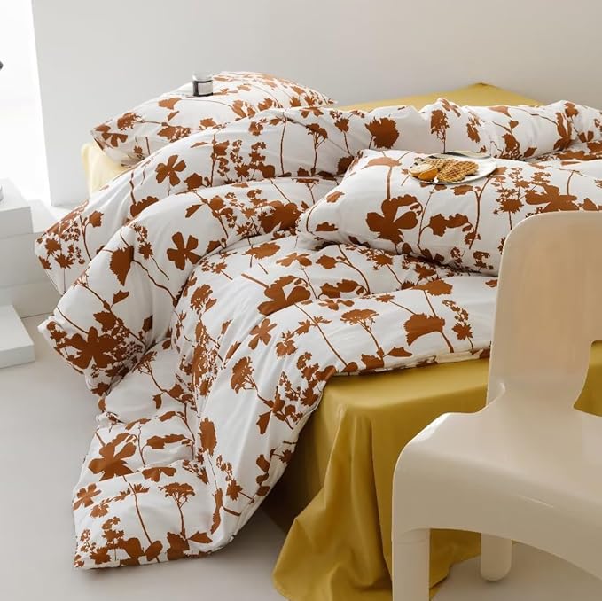 KAREVER Pumpkin Botanical Comforter Set Twin White Pumpkin Floral Plant Bedding Set Girls Autumn Season Rustic Blossom Leaves on White Blanket Twin Size