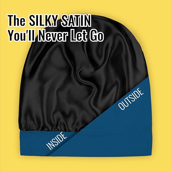 Satin Lined Sleep Cap Bonnet for Curly Hair and Braids, Stay On All Night Hair Wrap with Adjustable Strap for Women and Men, Bijou Blue, Pack of 1