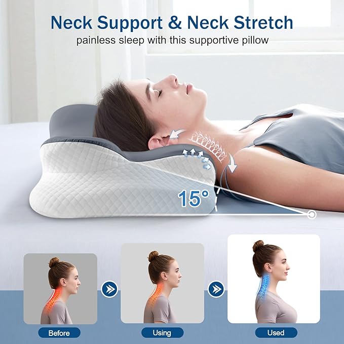 Cervical Neck Pillow for Sleeping, Ergonomic Side Sleeper Pillow for Neck Support, Memory Foam Pillows for Back Stomach Sleepers, Orthopedic Contour Pillows with Cooling Pillowcase (Dark Grey)