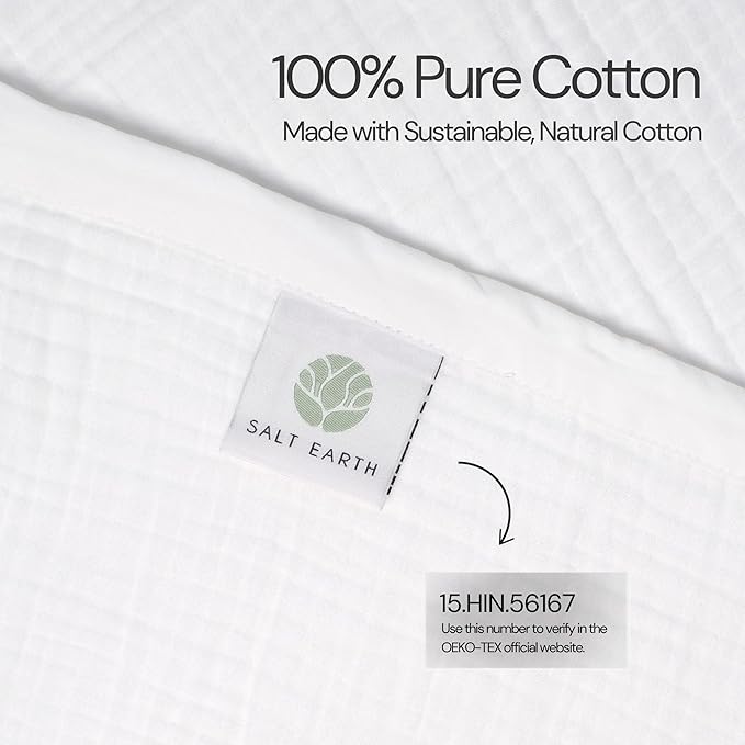 Salt Earth 100% Cotton Muslin Throw Blanket Gauze Blanket 55"X75" Twin, 4 Layered for Couch, Bed, Living Room,Lightweight & All Season Blankets & Throws, Easy to wash, Nature & Skin Friendly(White)