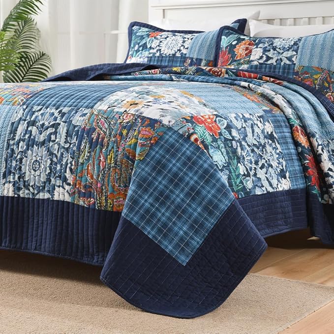 Autumn Dream Cotton Bedspread Quilt Sets Reversible Bedding Coverlet Sets, Luxury Vintage Paisley Floral Patchwork Blue Bedspread, King Size