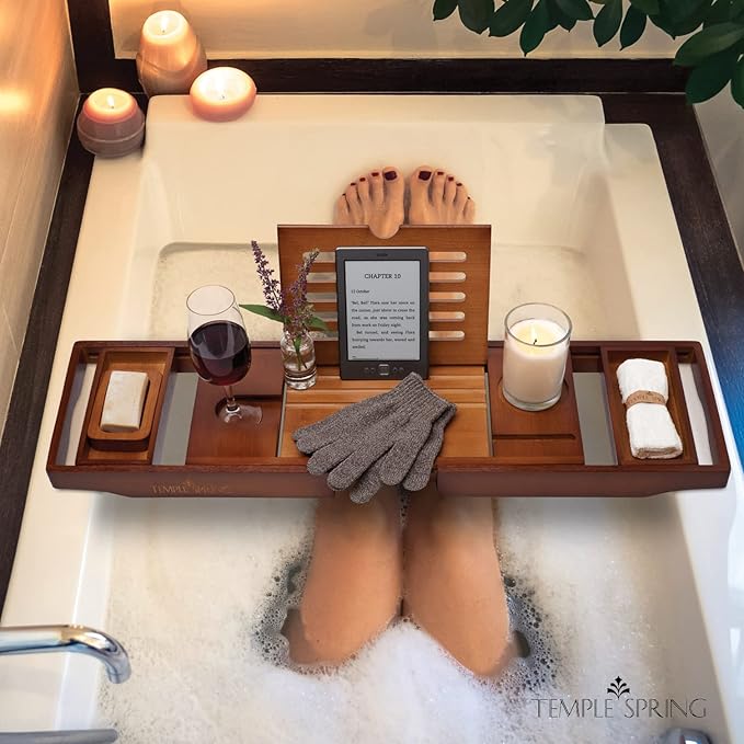 Temple Spring Wooden Bathtub Tray, Bamboo Bathroom Accessories, Bath Tray for Tub, at Home Spa Essentials, Board for Tub Table, Bath Caddy for Bathtub Accessories & Bathroom Essentials – Wood Brown