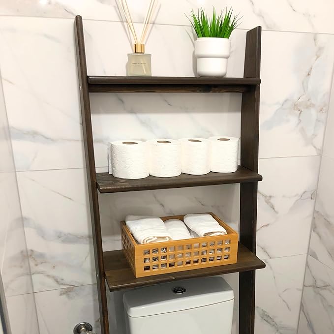 Over The Toilet Birch Wood Bathroom Organizer Shelves, 3-Tier Freestanding Above Toilet Storage Ladder Shelf, Standing Space Saver Behind Toilet Small Bathroom Organizer (Walnut)