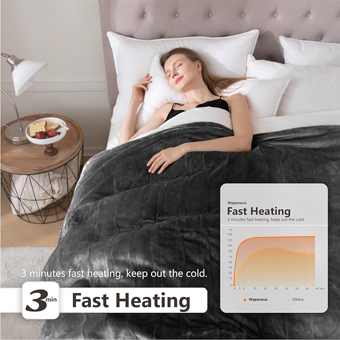 Wapaneus Heated Blanket Electric Blanket 62" x 84" Twin Size with 10 Heating Levels and 12 Hours time Settings, Flannel Fast-Heating Electric Blanket, ETL Listed, Machine Washable, Dark Grey