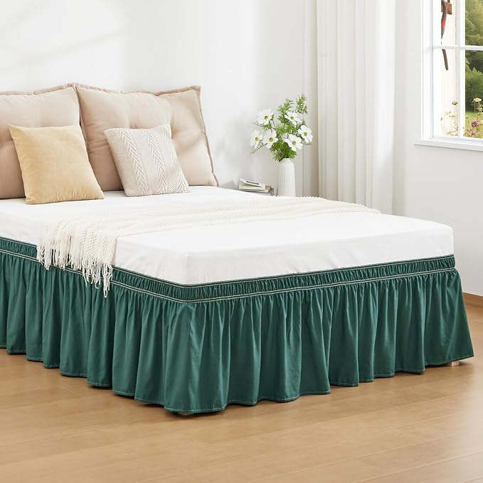 RIMELA Emerald Green Bed Skirt Queen Size 18 Inch Drop, Wrap Around Elastic Bedskirt, Dust Ruffle for Adjustable Bed Base Machine Washable Easy to Install Bed Skirts