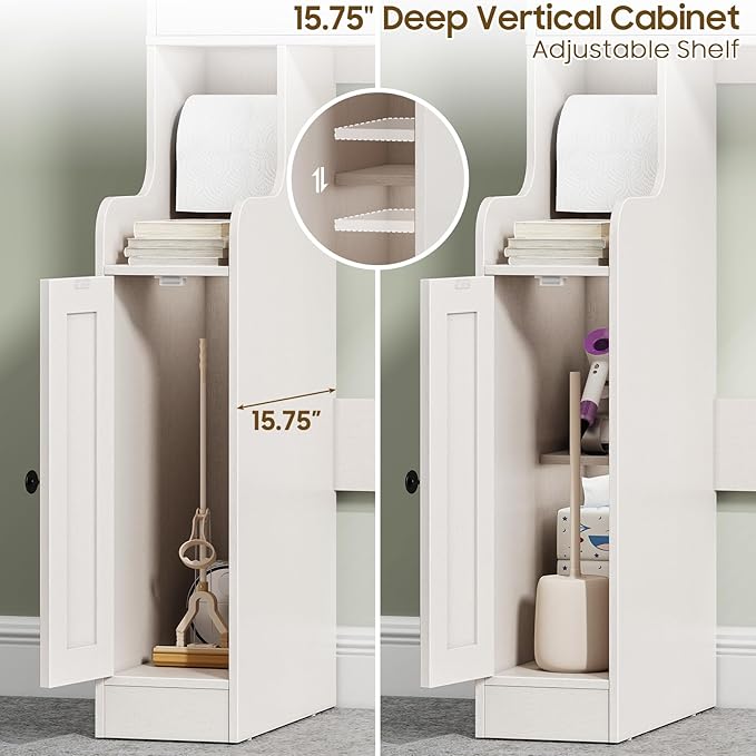 Over The Toilet Storage Cabinet, Storage Cabinet Over Toilet with Double Doors & Toilet Paper Holder Stand, Freestanding Toilet Shelf Space Saver with Anti-Tip Design & Adjustable Shelf, White