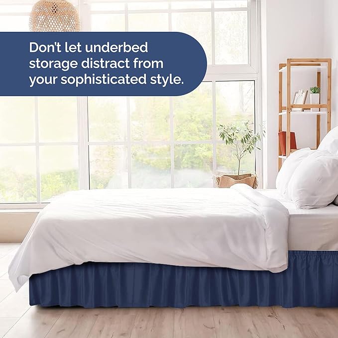 Wrap Around Dust Ruffle Bed Skirt - Navy Blue - for Full Size Beds with 12 Inch Drop - Elastic Strap - Adjustable Pleated Bedskirt with Brushed Fabric and Wrinkle Free - for Women, Men, Kids & Teens