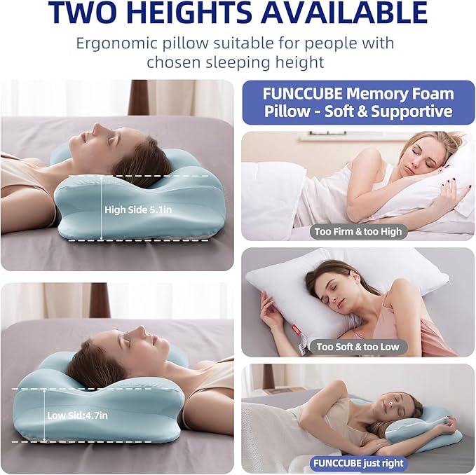 Cervical Neck Pillow for Sleeping, Dual-Height Contour Pillow for Neck Pain Relief, Butterfly Ergonomic Memory Foam Neck Support Pillow with Cooling Breathable Cover for Side Sleepersr, Queen Blue