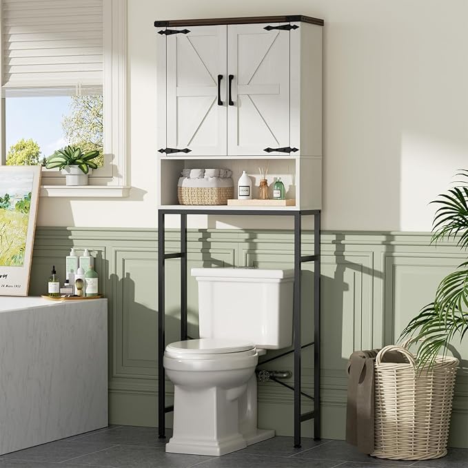 Over The Toilet Storage Cabinet with Farmhouse Doors and Adjustable Shelf, Tall Bathroom Organizer with Metal Stand Space Saver Over Toilet , Wood Rack for Bathroom, Restroom, Laundry, White