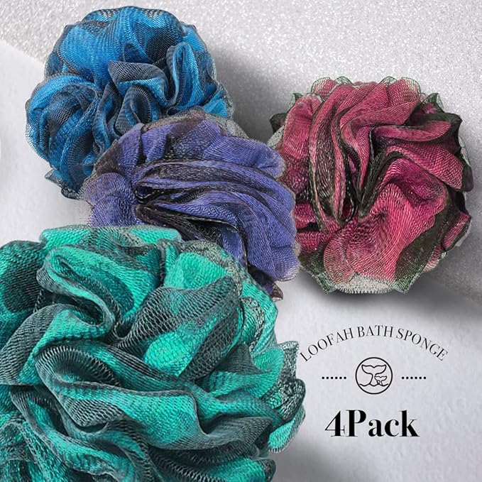 Loofah Sponge Bath Sponge for Women Men 4 Pack (Purple Blue Red Green)