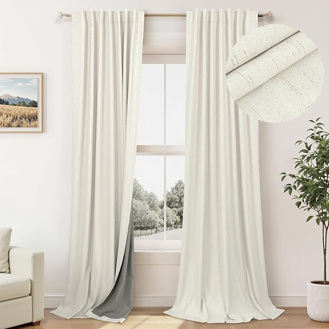 Pitalk Cold Weather Thermal Curtains Farm House Boho Black Out Room Darkening Insulated Linen Blackout Winter Curtain 102 Inch Long for Living Room Bedroom 2 Panels Set Off White Cream 42 x 102 Length