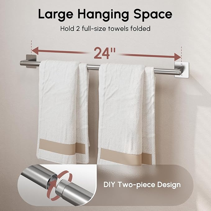 USHOWER Brushed Nickel Towel Bar, 24 Inch Towel Racks for Bathroom Wall Mounted, Heavy Duty Stainless Steel Towel Holder, Easy Installation (Total Length 26 Inch)