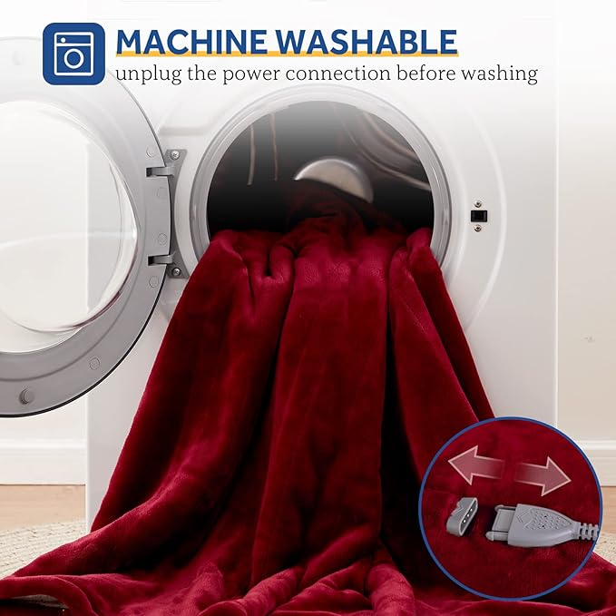Sealy Heated Blanket Throw, Soft Flannel Electric Blanket with 6 Heat Settings & 2-10 Hour Auto Shut Off, Fast Heating with ETL Certificated Machine Washable, 50x60 Inch, Burgundy