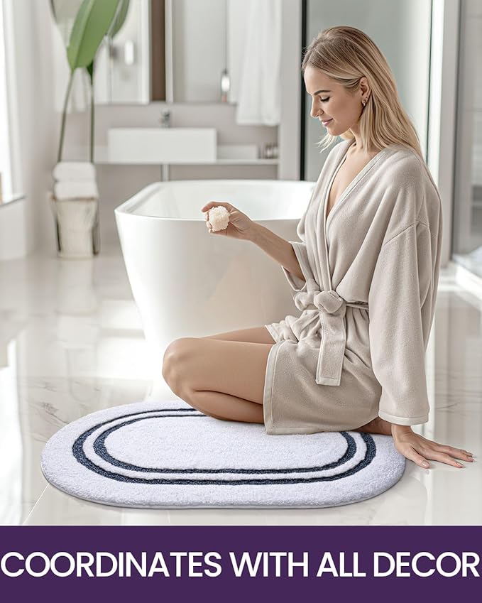 DEXI Oval Bath Mats for Bathroom, 17x30 Absorbent Bath Mat, Washable Microfiber Bathroom Rug with Non Slip Backing for Shower Floor, Navy