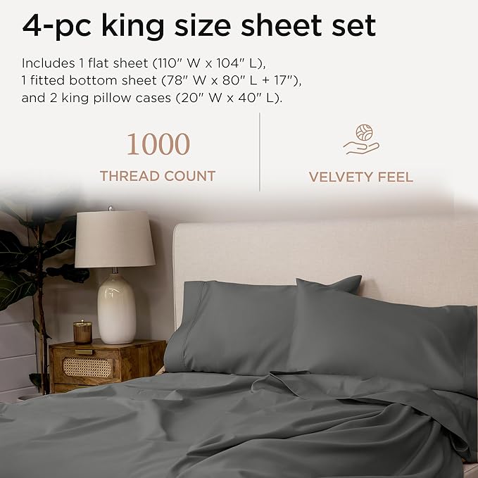 Threadmill Certified 100% American Supima Cotton Sheets, 1000 Thread Count King Size Sheets, 4 Pc Luxury Bed Sheets Set, Hotel Quality Sateen Weave, Dark Grey Sheet with Elasticized Deep Pocket