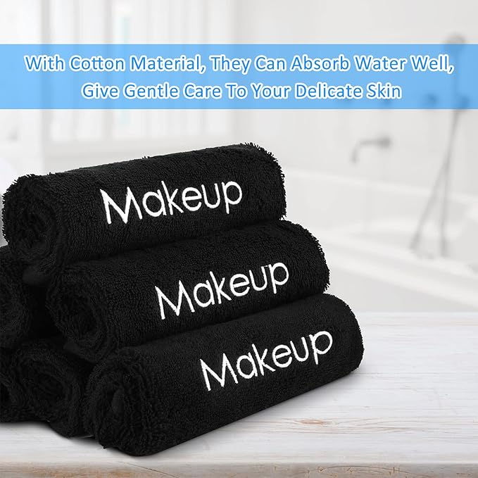 Panelee 13 Inch Makeup Washcloths Black Makeup Towels Cotton Face Wash Cloths Bulk Facial Remover Cleansing Towels Soft Cosmetic Water Absorbent for Women Hand Skin Care(12 Pcs)
