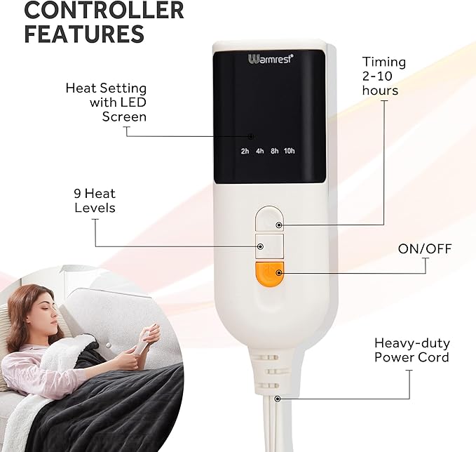 Heated Blanket Electric Blanket Full Size Soft Flannel Sherpa, 6 Heat Levels Fast Heating, 2 to 10 Hours Auto-Off Detachable Controller Machine Washable, Grey 72"x84"