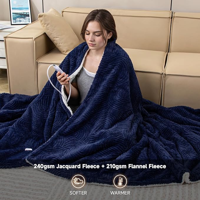 Heated Blanket King Size - 100"x90" Cozy Soft Jacquard Heating Blanket with 4 Heat Levels & 10 Hours Auto-Off, Jacquard Fleece, Overheating Protection, Warm Gifts, Navy
