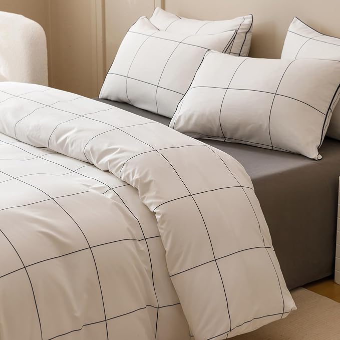 KAREVER White Grid Comforter Queen Women Black Square Lines Checkered Bedding Set Queen White Plaid Comforter Queen Size