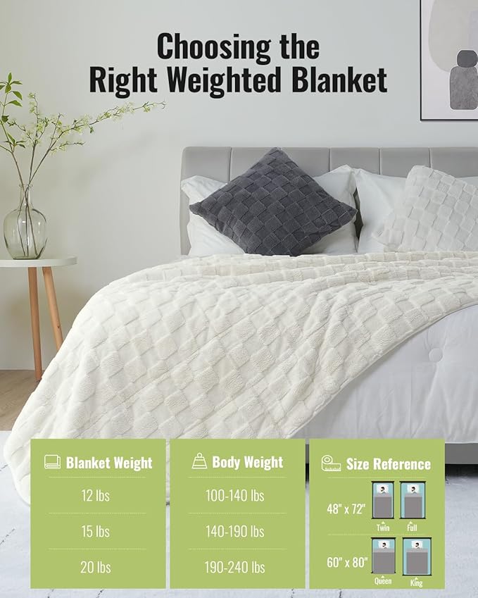 Uttermara Sherpa Fleece Weighted Blanket Full Size(12lbs, 48" x 72", Cream White), 3D Jacquard Checkered Warm Sherpa Heavy Blanket for Adults, Soft Fuzzy Weighted Blankets for Couch Bed Sofa