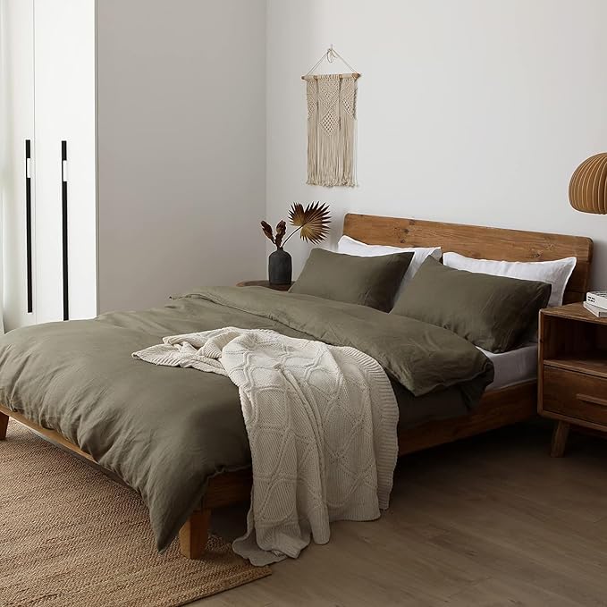XZ XIFA Olive Green 100% Linen Queen Size Bedding Set, Cooling Duvet Cover with Natural Washed French Flax，Soft,Breathable,Textured,Fluffy Duvet Cover (1 Duvet Cover,2 Pillow Shams)