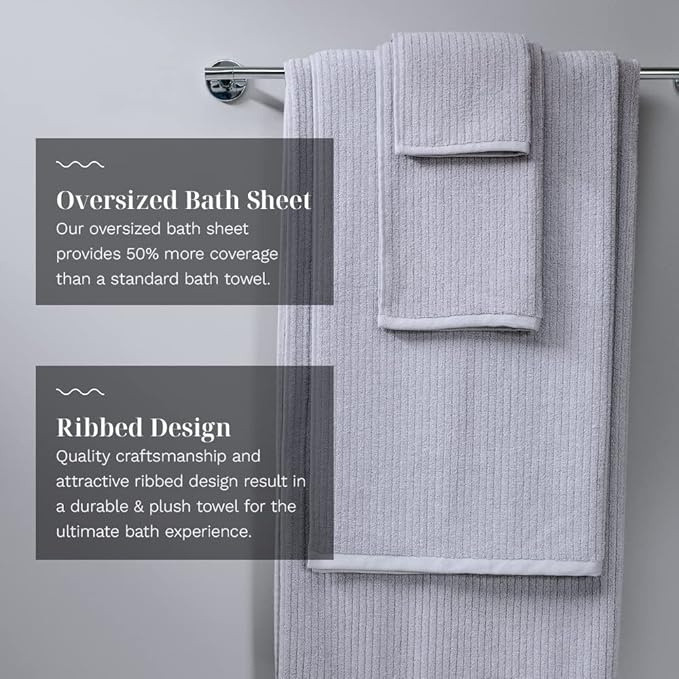 LUXOME Luxury Performance 2-Piece Bath Sheet Set | Oversized for 50% More Coverage | Highly Absorbent | 36" W x 70" L | Pebble (Light Grey)