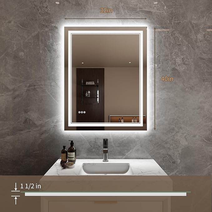 Bathroom Mirror with Lights 32"X40" with Front Light and Backlit, Tempered Glass, Wall Mount Horizontal/Vertical, Stepless Dimmable, 3 Colors, Anti Fog, Bathroom Memory LED Mirror