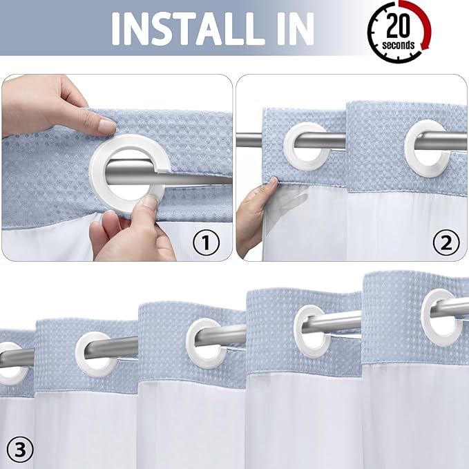 YellyHommy No Hook Shower Curtain with Snap in Liner Set Less Time Waffle Shower Curtain for Bathroom (Mist Blue, 87" L x 72" W)