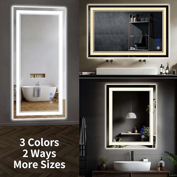 72"x36" LED Bathroom Mirror with Anti-Fog, Stepless Dimmable Lights, 3 Color Modes, Shatter-Proof Tempered Glass, Memory Function & Waterproof Design