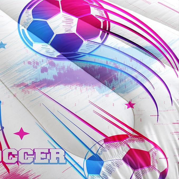 Ball Games Bedding Football Queen Comforter Set,Pink and Blue Soccers Stars Bedding Set for Kids Girls Boys Room Decor,Sports on The Court Aesthetic Bedding Sets with 2 Pillowcases.