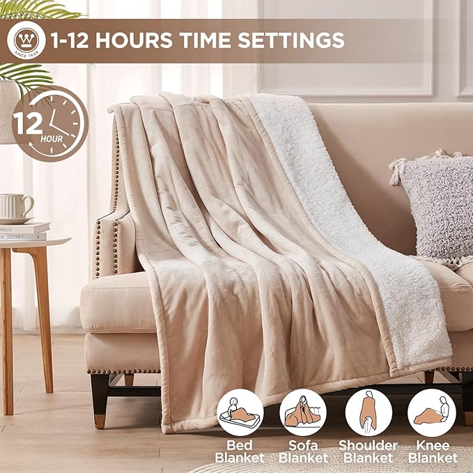 Westinghouse Full Size Heated Blanket, Soft Flannel & Sherpa, 10 Heating Levels, Auto Shut Off, Machine Washable, Beige, 72x84 Inch