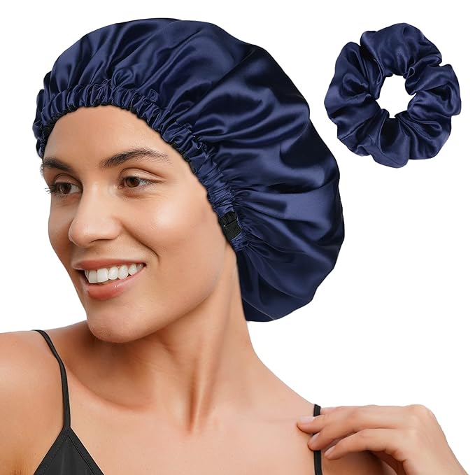 YANIBEST Adjustable Silk Bonnet Double Layer Satin Bonnet Hair Bonnet for Sleeping Bonnets for Women Hats Curly Natural Hair, Navy Blue