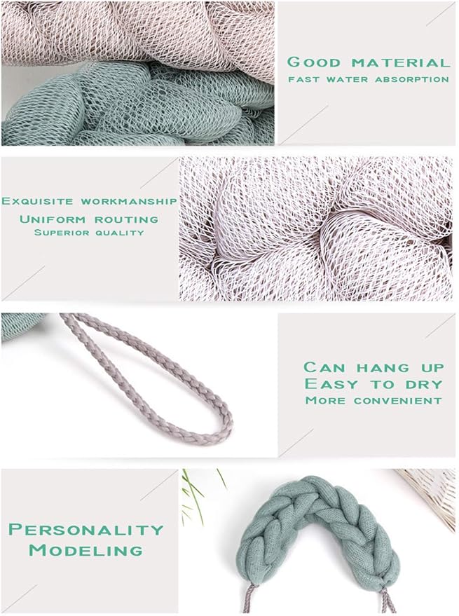 AARainbow 4 Packs Long Stretch Back Sponge with Rope Handles Back Scrubber Bath Shower Mesh Sponge Exfoliating Body Scrub Stretch Braided Loofah for Men and Women(2 Gray+2 Green)