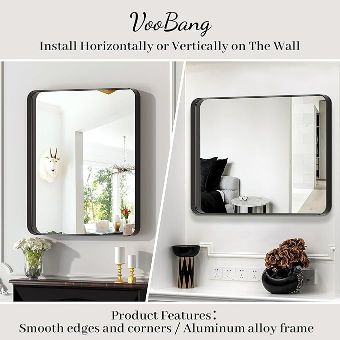 VooBang Bathroom Mirror 30x40 inch, Black Gorgeous Deep Frame Wall Mirror, Modern Round Corner Bathroom Vanity Mirror for Bedroom, Living Room, Hanging or Leaning Horizontal or Vertical, Black