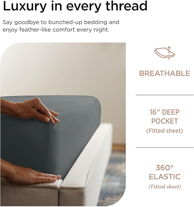 Threadmill 100% Cotton Sheets for Twin XL Size Bed - 600 Thread Count Twin XL Bed Sheets Set with 15” Deep Pocket - Sateen Weave 3-Piece Bedding Set with Cooling Effect, Dark Grey