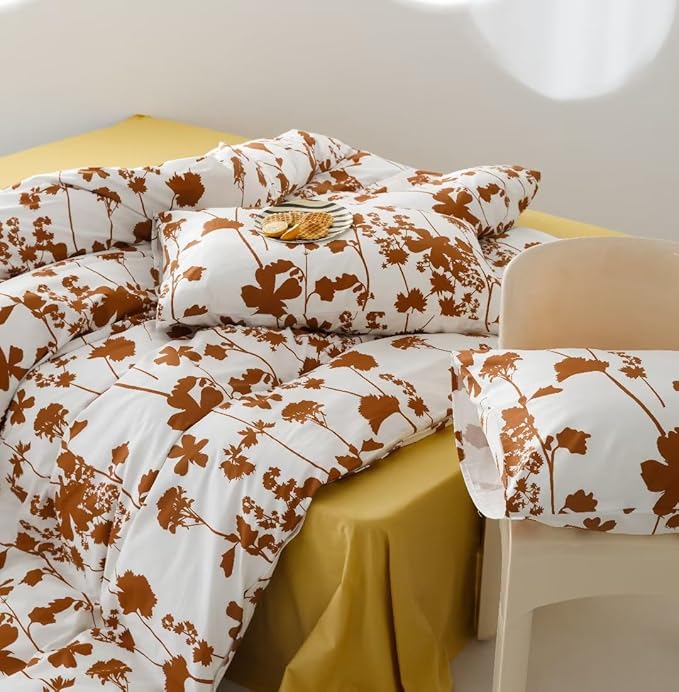 karever Botanical Comforter Set Queen White and Pumpkin Floral Plant Bedding Girls Garden Pattern Printed on Blanket Rustic Leaf Blossom Women Farmhouse Queen,Queen(90''*90'')