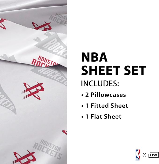 Northwest Officially Licensed Houston Rockets NBA Queen Size Sheet Set – Soft Team Logo Bedding for Dorms, Bedrooms, Fan Caves & Game Day Style