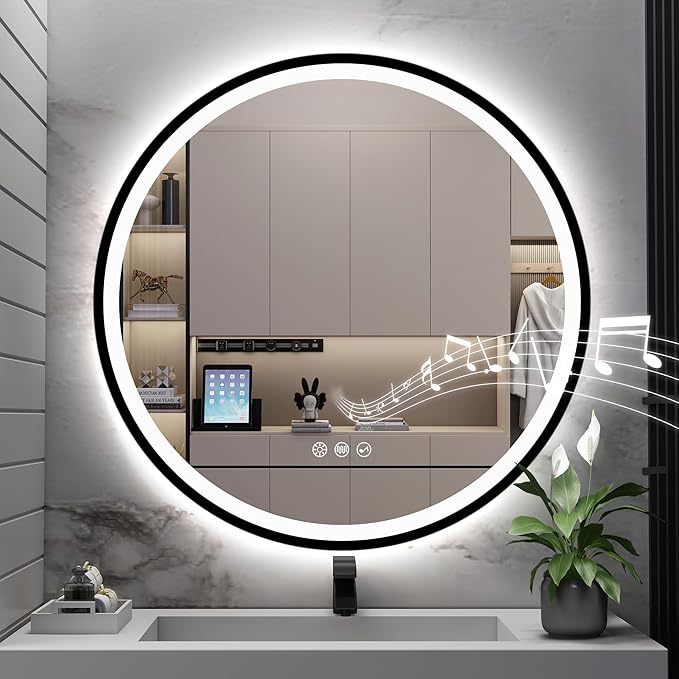 S·BAGNO 28’’ Round Led Bathroom Mirror with Lights, Bathroom Vanity Wall Mirror with Buletooth, Anti-Fog, Stepless Dimmable, 3 Colors, Tempered Glass Lighted Makeup Mirror for Bathroom