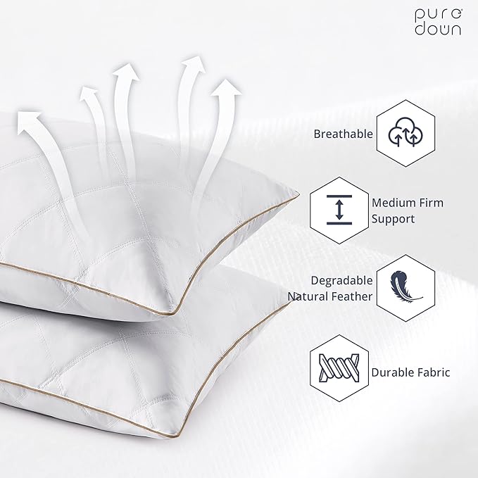 puredown® Goose Feathers and Down Pillow with Diamond Quilting with 100% Cotton Cover, Pack of 2, Standard Size