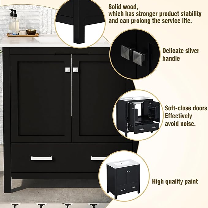 60" Bathroom Vanity Set with Double Vanities, Double Ceramic Sinks, Storage Shelf, Soft Closing Doors, Divided Drawers (Mirror not Included), Large Bathroom Vanity Sink Set (Black)