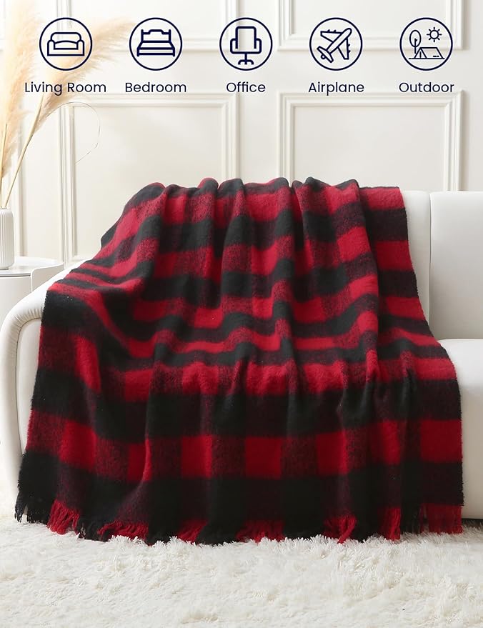 ZonLi Christmas Buffalo Plaid Blanket, Black and Red Plaid Throw Blankets with Tassel for Couch, Bed, Sofa, Chair, Outdoor, Cozy Warm Lightweight Farmhouse,50" x 60"