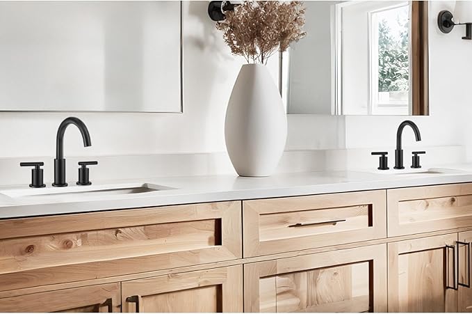 Matte Black Bathroom Faucet 3 Hole, 8 Inch Widespread with Pop-up Drain, 2 Handle Bathroom Sink Faucet, Modern Vanity Faucet for Bathroom Sink with 360° Swivel Spout