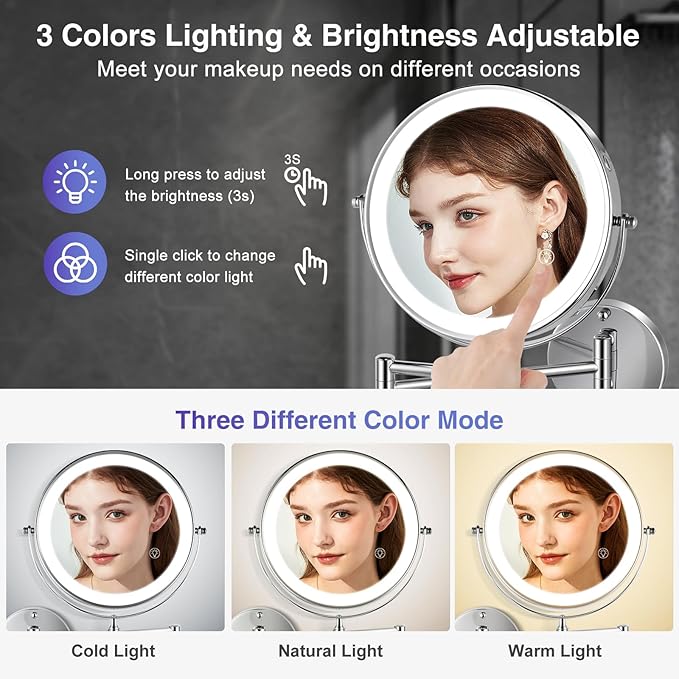 Wall Mounted Lighted Makeup Mirror: 8.5 Inch Double Sided Makeup Mirror with 1X/15X Magnification for Vanity, Bathroom, and Shaving - Chrome