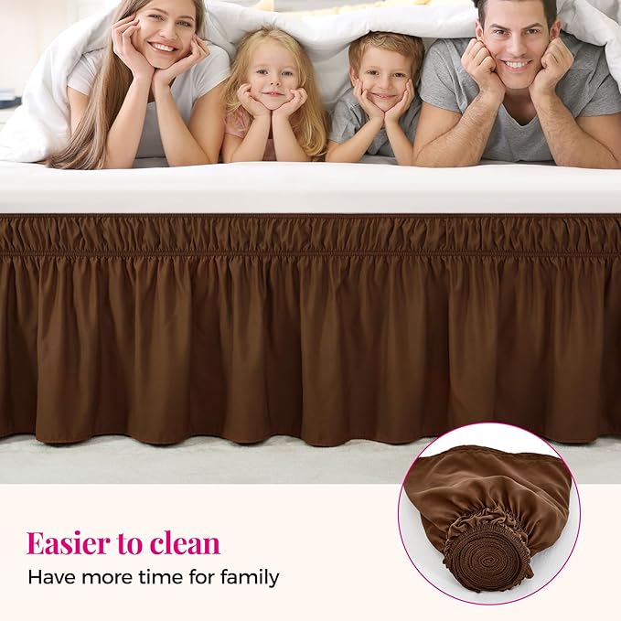 RIMELA Bed Skirt King Size 15 Inch Drop, Elastic Bed Skirting for Bed Base and Frame, Bedding Dust Ruffle Easy to Install, Wrap Around Adjustable Bedskirt, Chocolate Brown