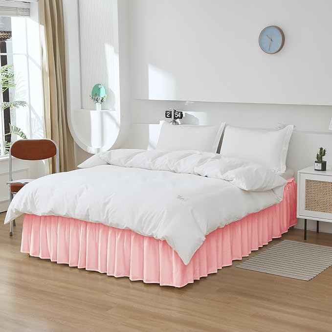 MEILA Wrap Around Bed Skirt Three Fabric Sides Elastic Dust Ruffled 16 Inch Tailored Drop,Easy to Install Fade Resistant-Pink, Twin/Full