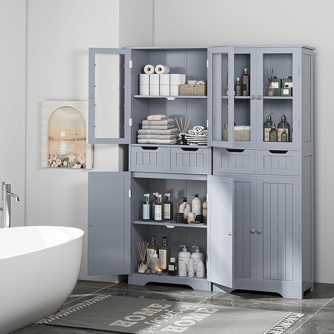 TOLEAD 67" Tall White Bathroom Cabinet Storage Cabinet, Freestanding Storage Cabinet with Glass Door and Adjustable Shelves, Bathroom Cabinet for Living Room, Kitchen, Dining, (Grey)