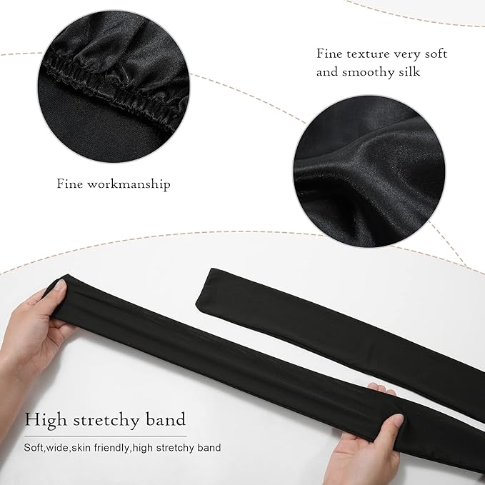 AWAYTR Long Satin Bonnet for Braids - Elastic Silk Hair Bonnets for Sleeping Night Cap Stretchy Tie Band for Women（Black）