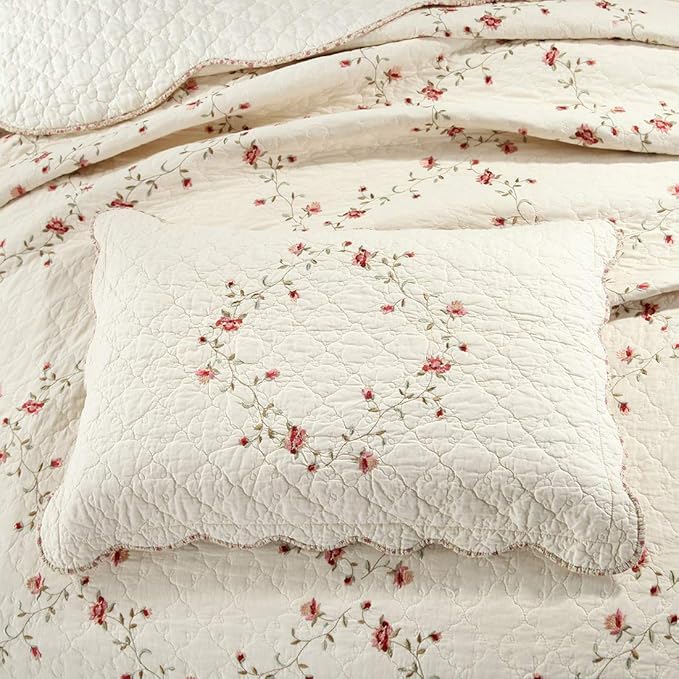 vctops 3-Piece Floral Embroidered Bedspread Coverlet Set 100% Cotton Reversible Patchwork 1 Quilt and 2 Pillow Shams Full/Queen, Flower